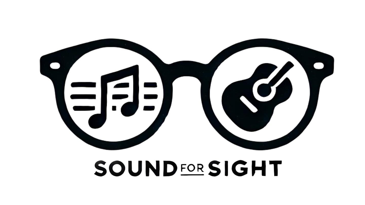 Sound For Sight logo featuring a black pair of eyeglasses with a musical note icon in the left lens and a guitar icon in the the right lens